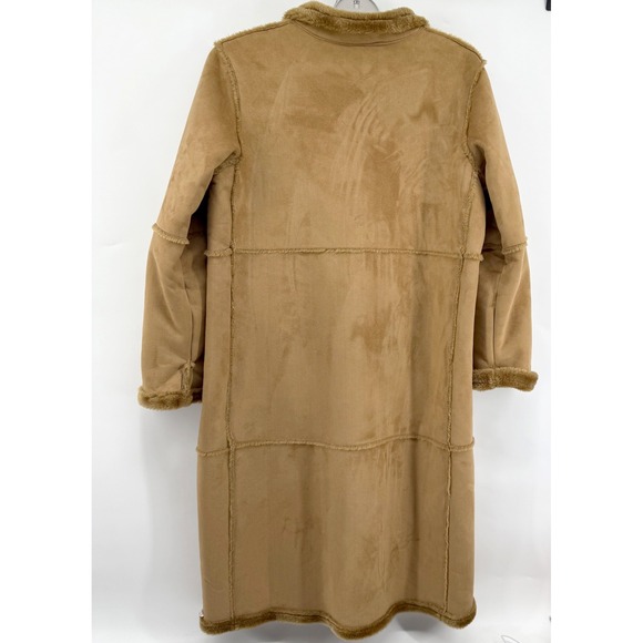 Centigrade Womens Petite Medium Camel Brown Faux Suede Fur Trim Long Trench Coat - Picture 9 of 10